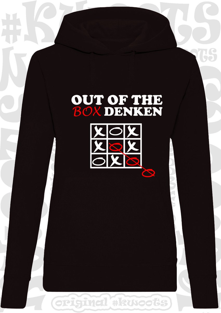 OUT OF THE BOX DENKEN dames hoodie - Zwart - Maat S - lange mouwen - Met capuchon en steekzakken - grappige teksten - leuke truien | sweaters - humor - quotes - kwoots - kado - cadeau - Anders denken